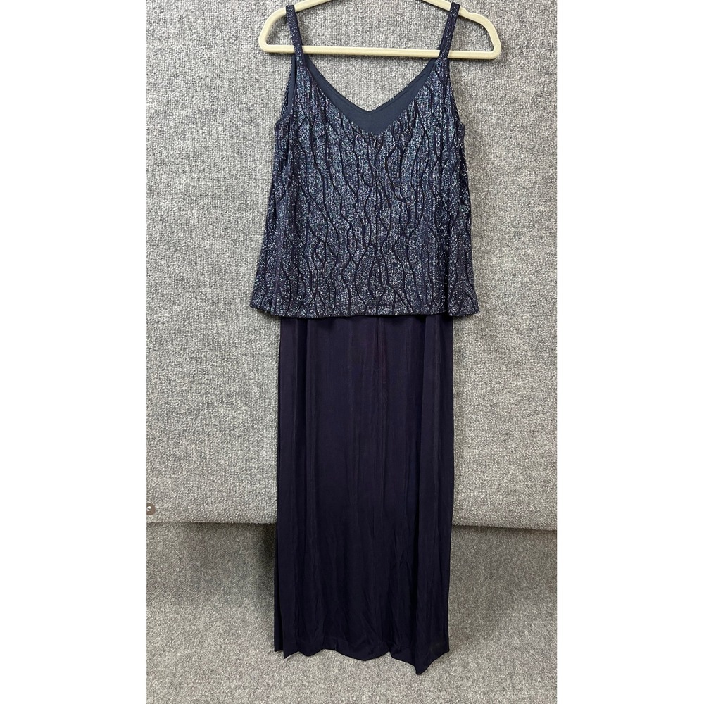 Alex Evenings Womens Navy Blue Glitter Popover Maxi Dress Size 14 Formal Gown - Picture 8 of 10